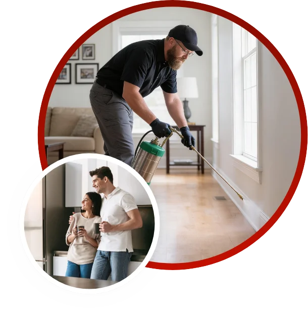 intro image, technician spraying in house, couple in pest free home