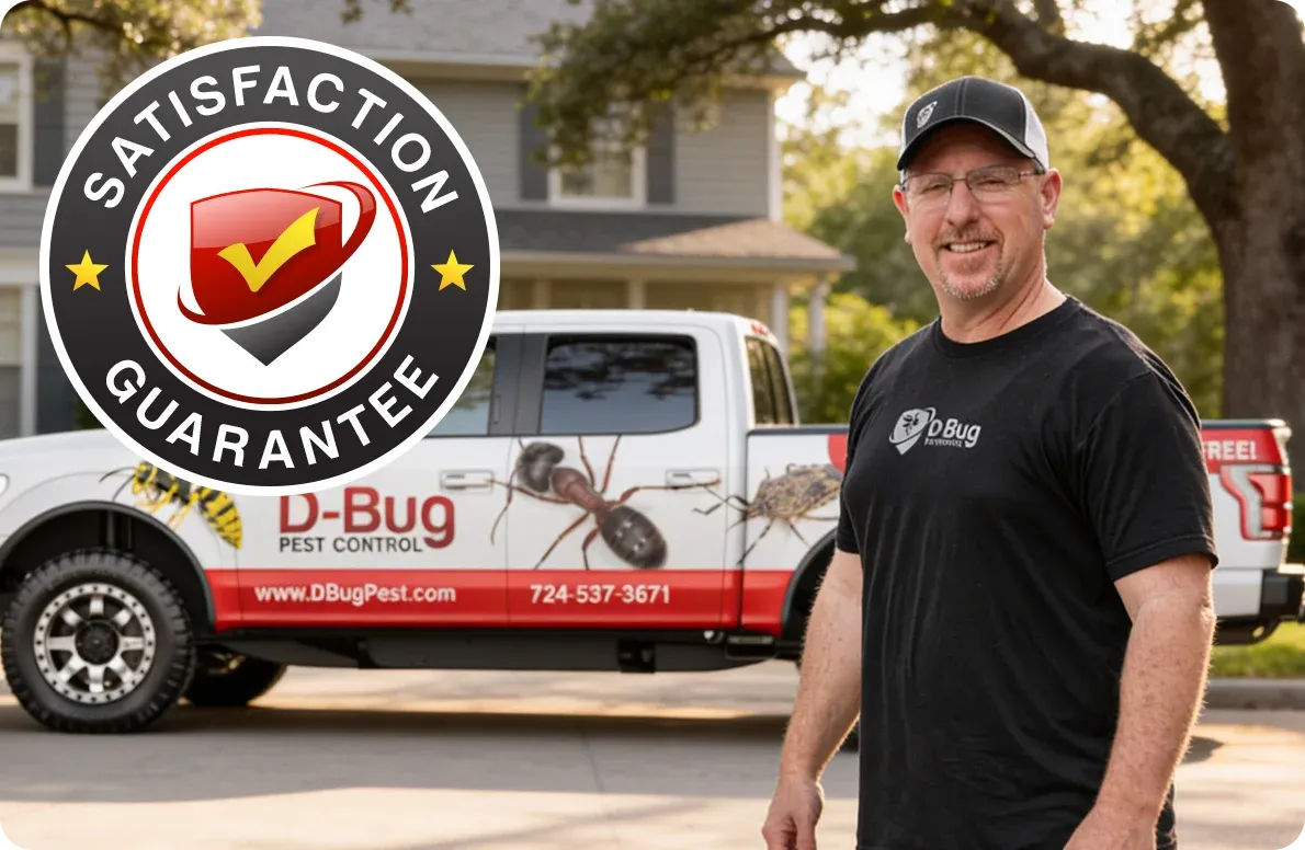 satisfaction guarantee badge, owner standing in front of truck