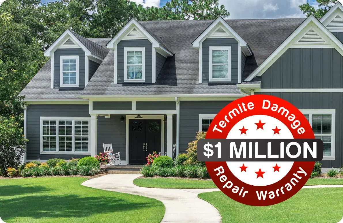 termite warranty badge, house image