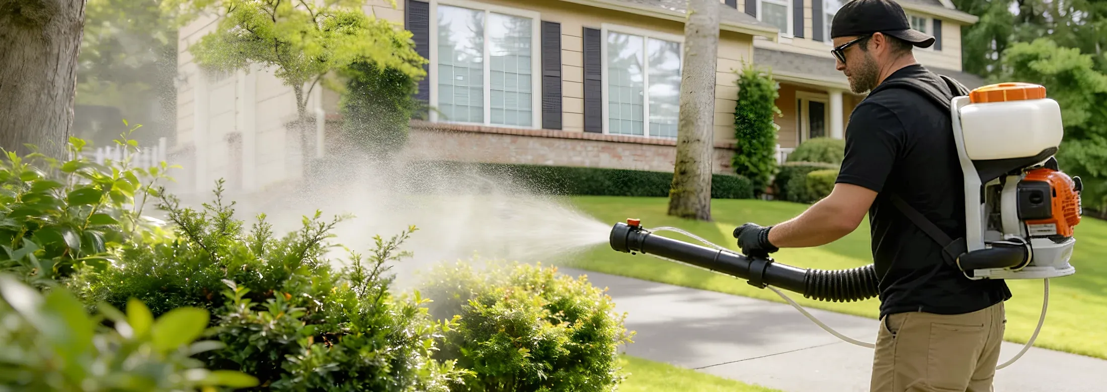 technician spraying shrubs, mosquito control
