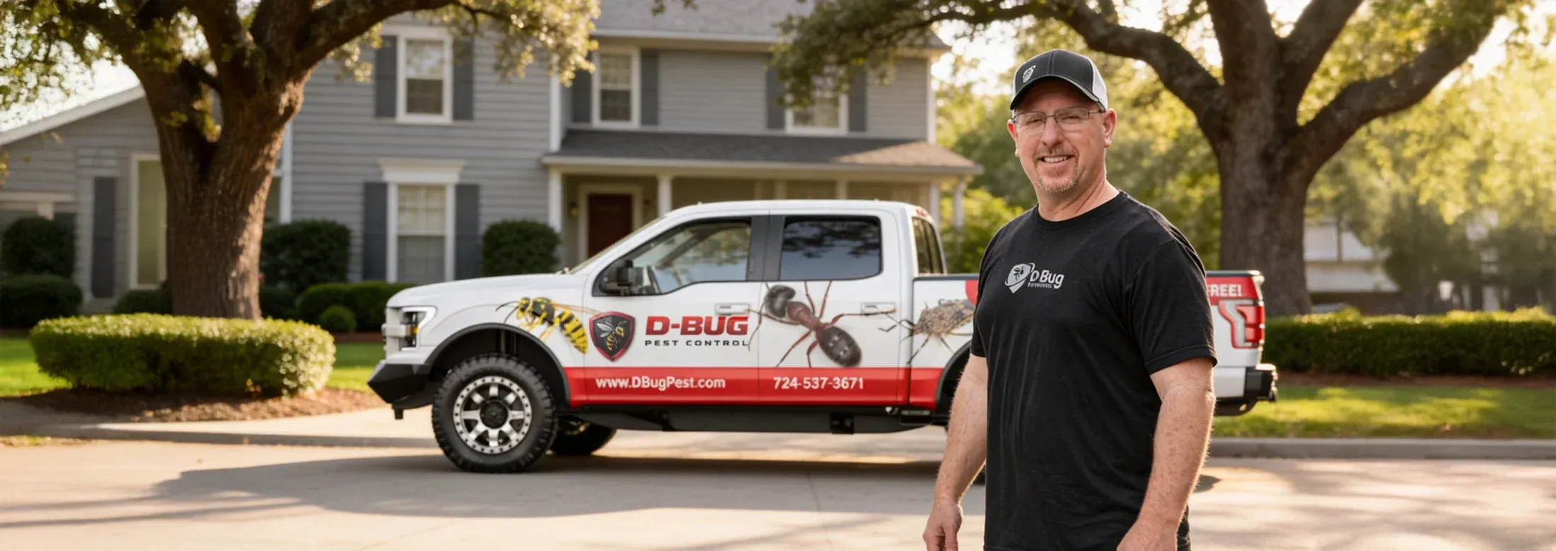Owner standing in front of company truck